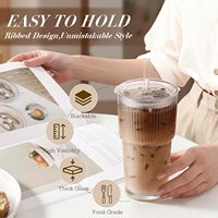 Vasos de Vidrio Acanalados de 20 oz con Tapas y Pajitas de Vidrio, Vasos Vintage para Café Helado, Vasos Reutilizables para Smoothies y Cócteles