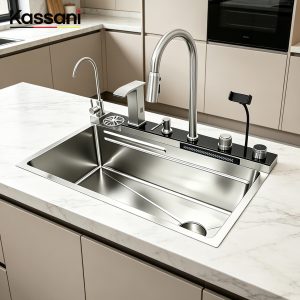 Fregadero de cocina hecho a mano Sinksmart, fregadero plateado con grifo extraíble, secador de manos y estilo cascada - Product Image 2