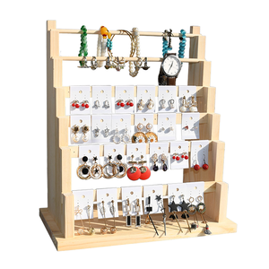 Expositor de madera de 4 niveles para pendientes con tarjetero y ganchos, soporte de exhibición de joyas para estuches y exhibiciones, expositor minorista de madera para venta. - Product Image 1