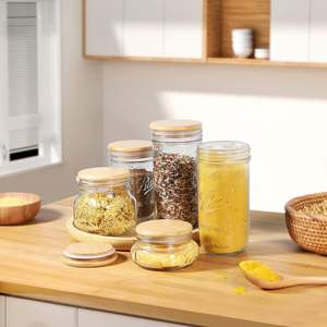 Tarros de Almacenamiento de Vidrio Estilo Rústico OEM, Nuevos Tarros Mason de Boca Regular Pintados con Diseño de Arce Vietnamita, con Tapas de Madera de Bambú y Junta de Silicona - Product Image 1