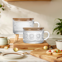 Lot de 4 tasses en verre transparent gaufré de 400 ml, style vintage, pour café glacé, pots à overnight oats avec couvercles et cuillères en bambou