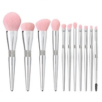 Ensemble de 11 pinceaux de maquillage JLY avec manche en diamant, poils doux, pinceaux pour le visage et les yeux, boîte cadeau de voyage avec paillettes argentées