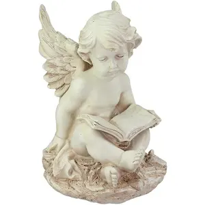 Resin Distressed Angel Figurines Ivory Cherub Sitting Angel with Book Home Statue