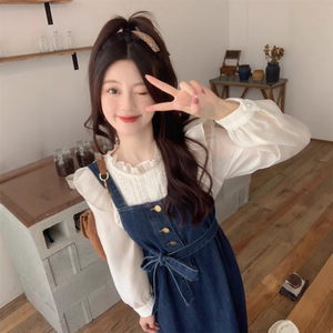 Gonna in denim con bretelle stile coreano da college, da <span class=keywords><strong>donna</strong></span>, per l'inizio dell'autunno, nuovo modello di tendenza di quest'anno, vestito testurizzato - Product Image 3