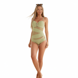 Costume da bagno intero da donna M417, modello bandeau con cut-out, vita alta, tinta unita, in spandex elasticizzato e poliestere, per la spiaggia. - Product Image 1