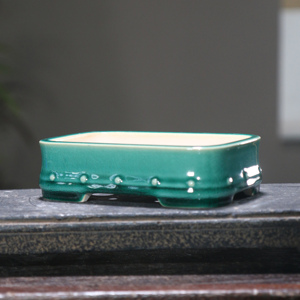 Pot à bonsaï en céramique rectangulaire peu profond, glaçure verte, style chinois - Product Image 2