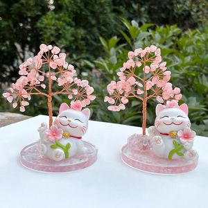 Figurine florale Maneki Neko avec base en quartz rose, arbre en cristal, décoration d'intérieur, ornement Feng Shui - Product Image 1