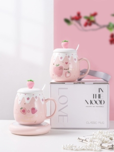 Regalos de Cumpleaños, Tazas de Cerámica con Diseño de Fresa Rosa, 460 ml, 15 oz, para Bebidas Frías, Café, Té, Leche, con Tapa y Cuchara - Product Image 4