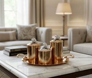 Luxury Hammered Stainless Steel Kitchen <b>Canister</b> with Rose Gold & Silver Top Pumpkin Lid & Tray Eco-Friendly Tableware - Product Image 1