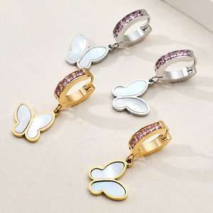 2022 Best Selling Rhinestone Inlaid Stainless Steel <strong>Ear</strong> Buckle Natural Pearl <strong>Shell</strong> Slice butterfly Shaped Hoop Earring - Product Image 3