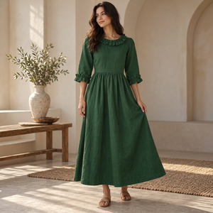Vestido Midi de Lino/Algodón Tejido Verde Bosque para Mujer, Corte A, Manga Larga con Volantes, Ajuste Holgado para Uso Diario - Product Image 1