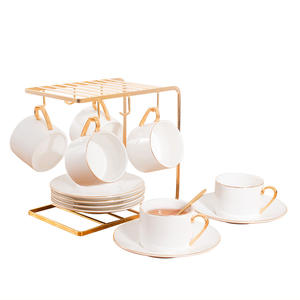 Golden Rim Ceramic Coffee Cup Set 6 Piece With Metal <b>Rack</b> Gold Plated Nordic Style For Party Use - Product Image 2