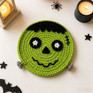 Halloween Handmade Crochet Coasters, Pumpkin Ghost Monster Yarn Insulation <b>Pads</b>, Holiday Table Decoration Coasters - Product Image 2