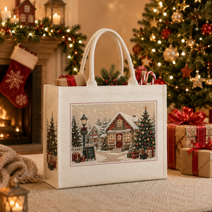 Bolsa de Tela de Algodón Reutilizable y Lavable con Diseño Navideño de Pueblo Nevado, Tienda y Árbol de Navidad Decorado - Product Image 3