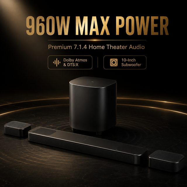 JXL 960W Surround Soundbar with Wireless Subwoofer and Detachable Rear Speakers, 7.1.4 Dolby Atmos, Sound System for Smart TV