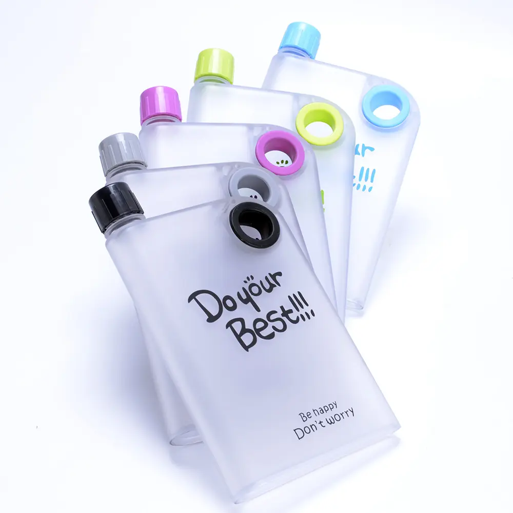 Botella plana de plástico portátil sin BPA para deportes, 380ml, A5, A6