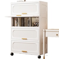 Armario de Almacenamiento de Plástico con Puerta Abatible de 55 cm, Organizador Transparente Plegable con Ruedas para Libros y Artículos Diversos
