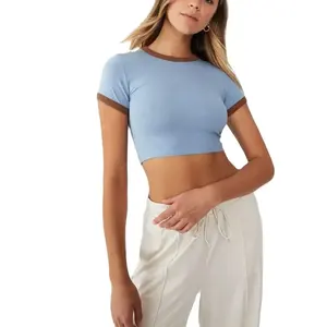 Conjunto deportivo de media manga corta de secado rápido transpirable de alta calidad acanalado informal sólido de diseñador para mujer - Product Image 4