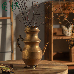 Vintage Metal Kettle <b>Vase</b> With Handle Rustic Decor For Home Desktop - Product Image 3