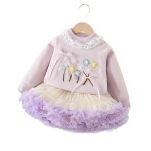 Vêtements pour bébé Automne et Hiver : Ensemble <span class=keywords><strong>pull</strong></span> tricoté à fleurs élégant avec nœud et jupe en <span class=keywords><strong>maille</strong></span>, deux pièces, Vente chaude - Product Image 1