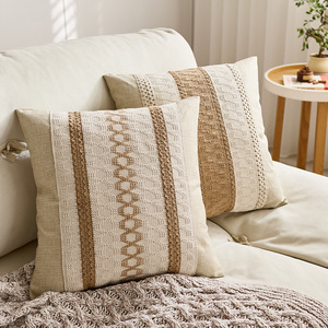 Cojín Decorativo <span class=keywords><strong>de</strong></span> Lino con Rayas Tejidas a <span class=keywords><strong>Crochet</strong></span>, Personalizable para Sofá Combinado, Estilo Boho, Tejido Calado, Cuadrado - Product Image 1