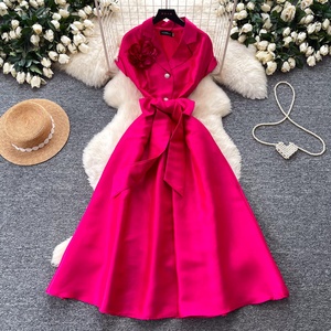 Nuevo Vestido de Verano 2026 para Mujer, Elegante, Midi, Cintura Imperio, Silueta en A, Color Sólido, Manga Corta, con Flores - Product Image 2
