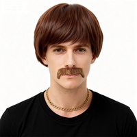 Perruque Courte Droite Rétro Marron pour Homme avec Moustache, Style Années 70, pour Fête, Cosplay, Costume, Résistante à la Chaleur, pour Halloween et Usage Quotidien