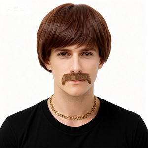 Perruque courte marron style rétro pour hommes avec moustache ensemble 70s fête Cosplay Costume postiche pour Halloween quotidien habiller - Product Image 2