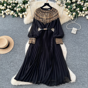 Spring Roman <strong>Tunic</strong> Slim Pleated Midi <strong>Dress</strong> For Women Empire <strong>Sequined</strong> Lace Vestidos - Product Image 3