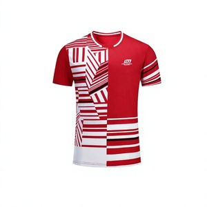 Ensemble de maillot de football pour hommes, imprimé géométrique rouge et blanc, manches courtes, short à taille élastique, évacuant l'humidité, vêtements toutes saisons - Product Image 2