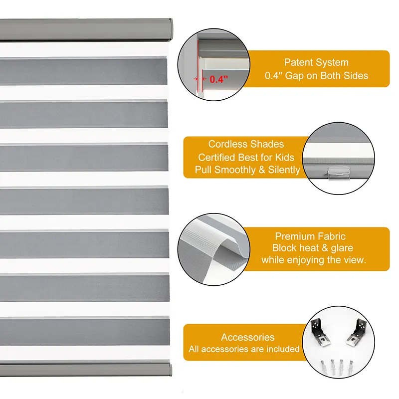 Nuovo Design professionale 100% poliestere doppio strato Cordless Free-stop Custom Zebra Blinds