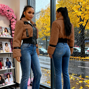 Winter Nieuwe Aanwinst Dames Kunstbont Korte Casual Jas met Polyester Voering Fleece Voering Omgeslagen Kraag Ritsjas - Product Image 3