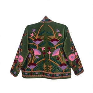 Blouson bomber brodé floral vert pour femme, col montant, coupe classique, doublure en coton - Product Image 5