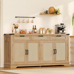 Buffet moderne en rotin style bohème, armoire latérale en MDF avec <span class=keywords><strong>4</strong></span> <span class=keywords><strong>portes</strong></span> et 3 tiroirs, grand placard de rangement pour cuisine et salle à manger - Product Image 1
