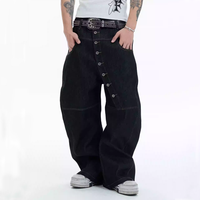 Jeans en denim délavé noir asymétrique à braguette boutonnée, coupe ample et jambe large, style streetwear, pour hommes, personnalisable OEM/ODM, faible MOQ