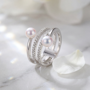 Anillo Ajustable de Cobre con Espiral Triple y Doble Perla de Agua Dulce, Banda de Circonitas, Joyería de Perlas para Mujer, Regalo de Boda - Product Image 4