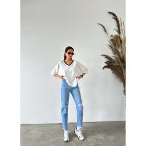 Camiseta Básica con Cuello en V para Mujer, 100% Algodón Jersey, Transpirable, Manga Regular - Product Image 2