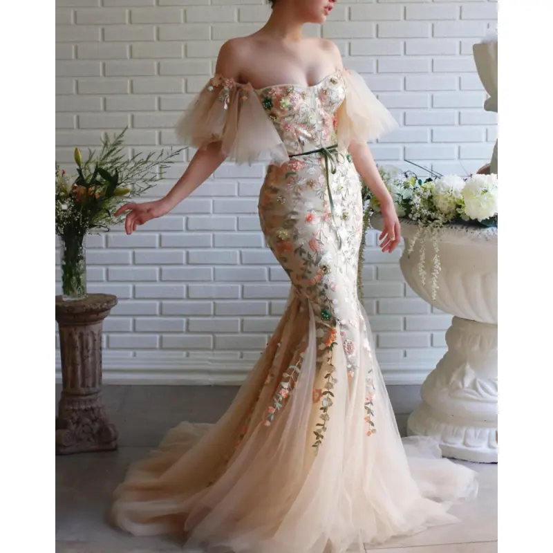 Custom Off Shoulder Flowers Sweep Train Tulle Mermaid Wedding Gown Birthday Party Dress For Plus Size Women Prom Evening Dress