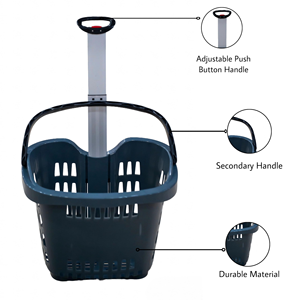 Supermarket Portable Shopping Basket Gray <b>Plastic</b> with Thick Aluminum Alloy Pull <b>Rod</b> Easy Shopping Grocery Basket - Product Image 4
