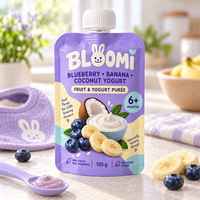 Pochette à bec verseur personnalisée, refermable et réutilisable pour aliments pour bébés, 120g, purée de myrtille, banane et yaourt à la noix de coco