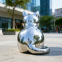 Escultura de Gato de Acero Inoxidable Pulido con Acabado Espejo, Moderna Estatua de Gato Recostado Pensando para Jardín, Piscina, Centro Comercial, Calle Comercial