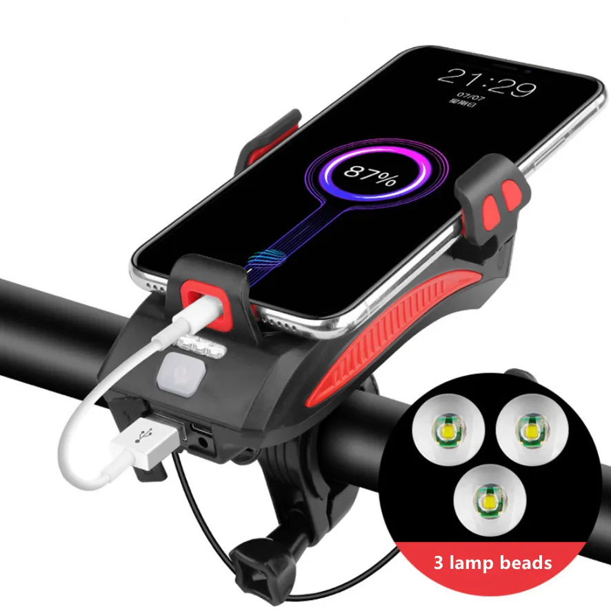 Rechargeable 600lm Bike Headlight 3 Led Bicycle Front Light With Mobile Phone Holder & 4000mah Power Bank IP55 Cycle Light