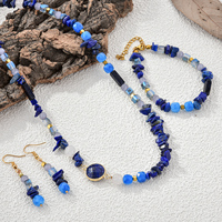 Set Perhiasan Kalung/Anting/Gelang Wanita Trendy Berlapis Emas Biru dengan Hiasan Manik-Manik untuk Acara Santai dan Festival