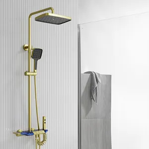 Brushed Gold Bathroom Wall Hung Digital Display Piano Key Rainfall Shower Set Thermostat Shower Set With Top Shower Flusher