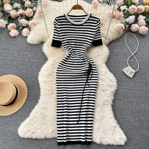 Automne 2022 femmes vêtements <span class=keywords><strong>Chic</strong></span> col rond plissé rayé <span class=keywords><strong>robe</strong></span> robes en soie femmes dames élégante longue <span class=keywords><strong>robe</strong></span> tricotée - Product Image 6