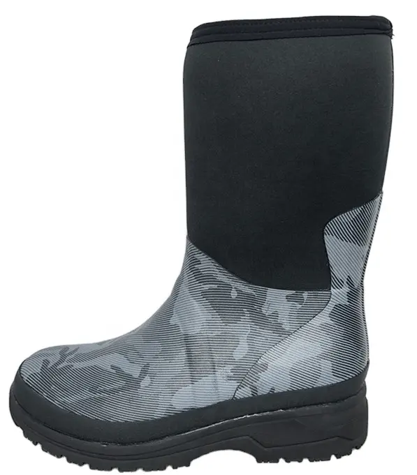Cheap 5mm Camo Printed Waterproof Heated Neoprene Mid Calf Rubber Rain Boots