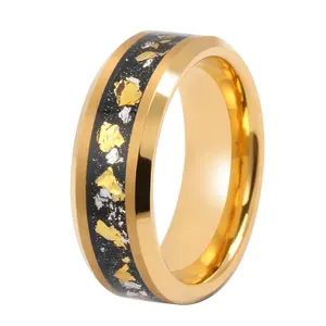 IP Gold Foil with Black Sandstone Customizable Stainless Steel Titanium Zirconium Tungsten Wedding Rings