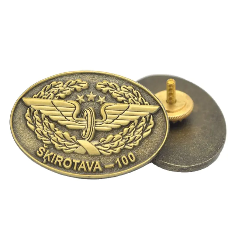 Chaînette fine et badge rond personnalisé, en plaque métallique bronze, goupille de revers avec vis arrière pour jupe et logo, usine, pièces