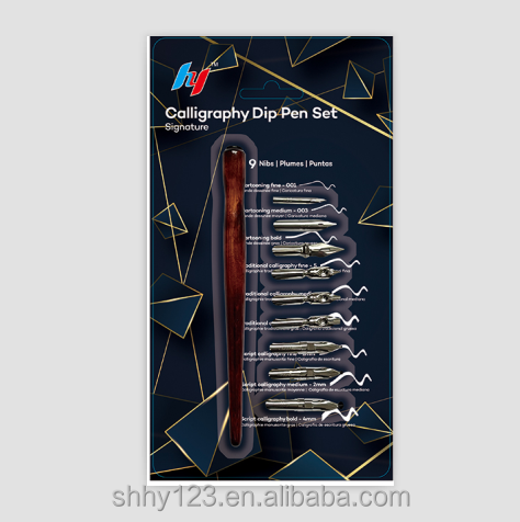 HY Student Calligraphy Set 1 Wooden Holder 9 Replaceable Nibs Stainless Steel 0.38mm Writing Loose Fountain Pen for Finance