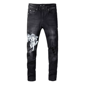 Jeans slim fit pour <span class=keywords><strong>homme</strong></span>, style hip-hop, streetwear, style rappeur, imprimé lettres vintage, 100% coton, vente <span class=keywords><strong>en</strong></span> gros OEM - Product Image 1